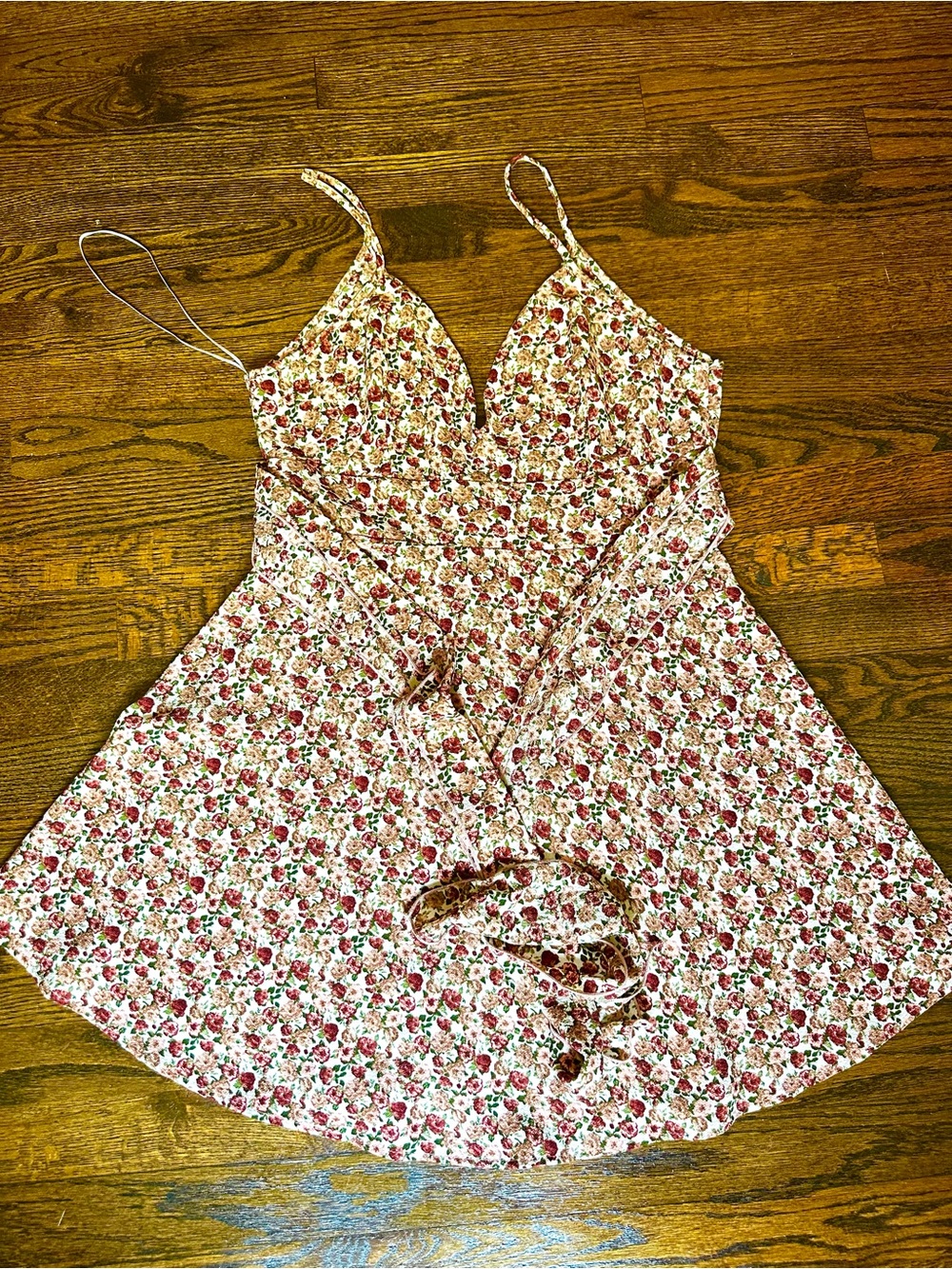 Floral mini summer dress with ties and zipper , Size L